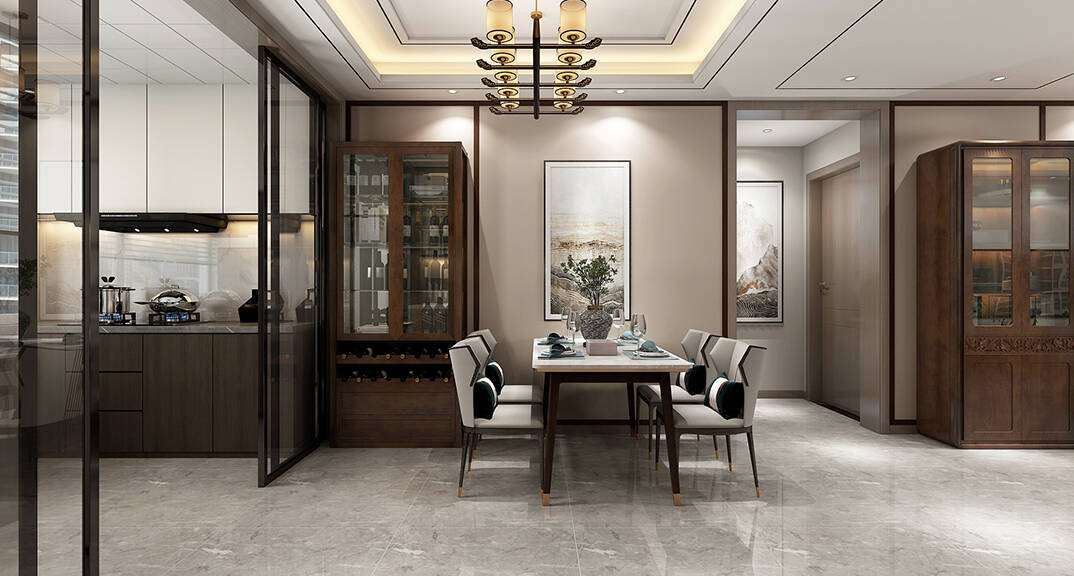 海棠印月131㎡三室一厅餐厅厨房新中式轻奢风格装修案例效果图