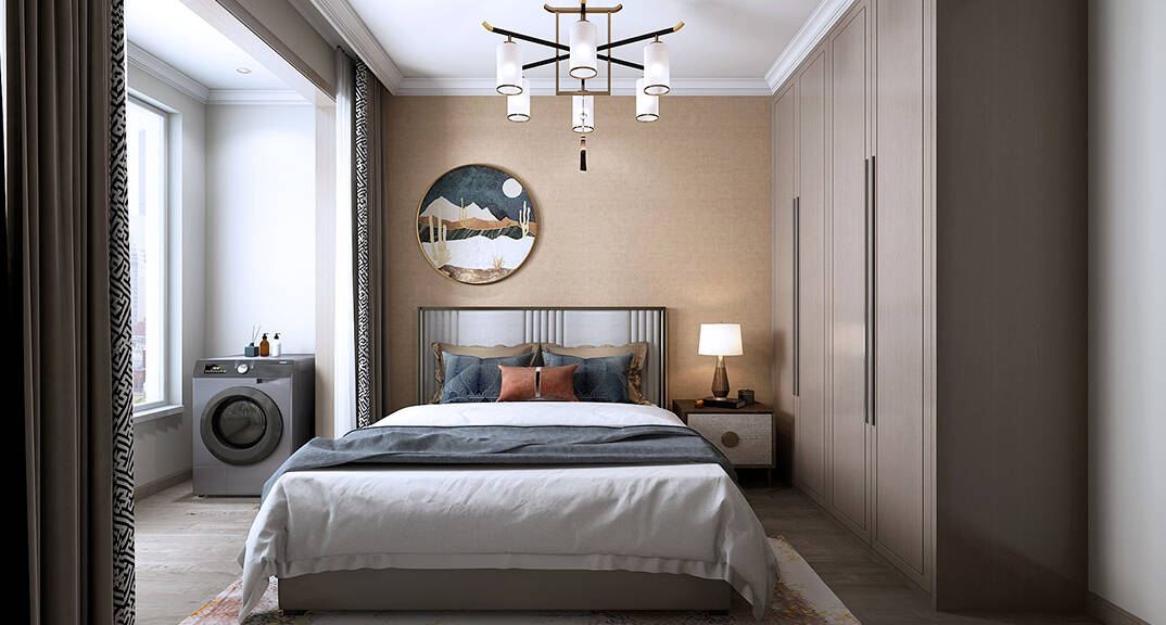 海棠印月131㎡三室一厅主卧新中轻奢式风格装修案例效果图