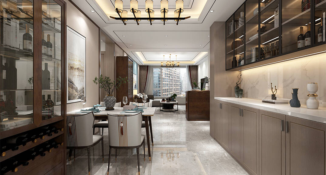 海棠印月131㎡三室一厅餐厅新中式轻奢风格装修案例效果图
